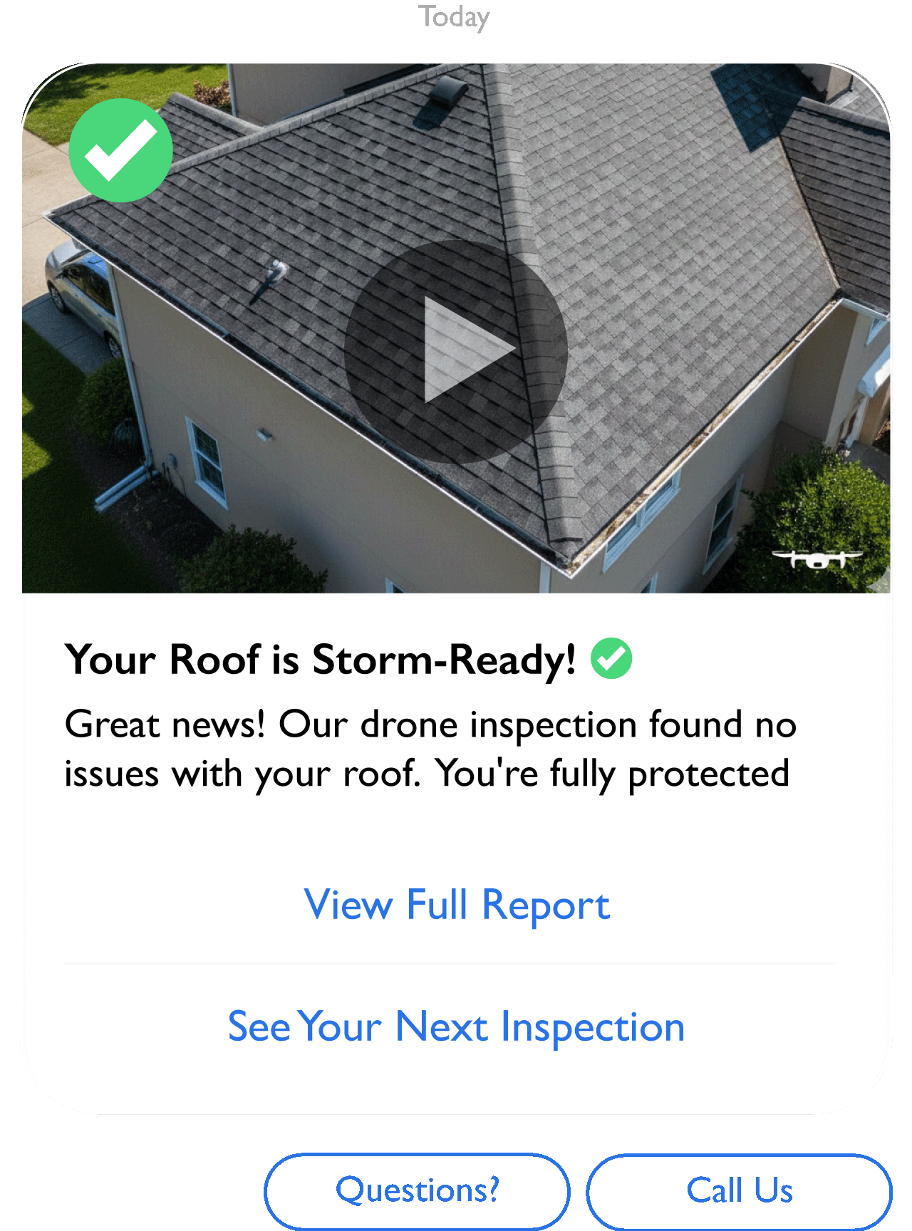 RCS Rich Message example - Roof inspection report: Your Roof is Storm-Ready with View Full Report and Share Report buttons