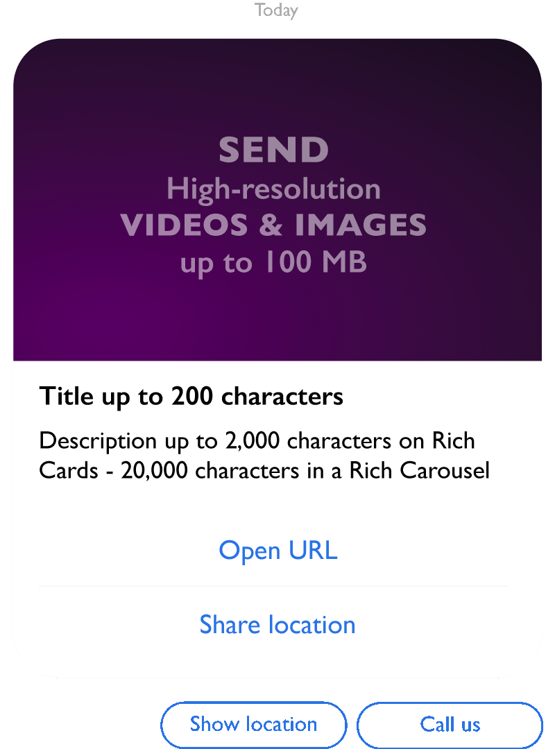 RCS Rich Card example showing RCS content limits - high-resolution videos and images up to 100 MB, titles up to 200 characters, descriptions up to 2,000 characters with action buttons