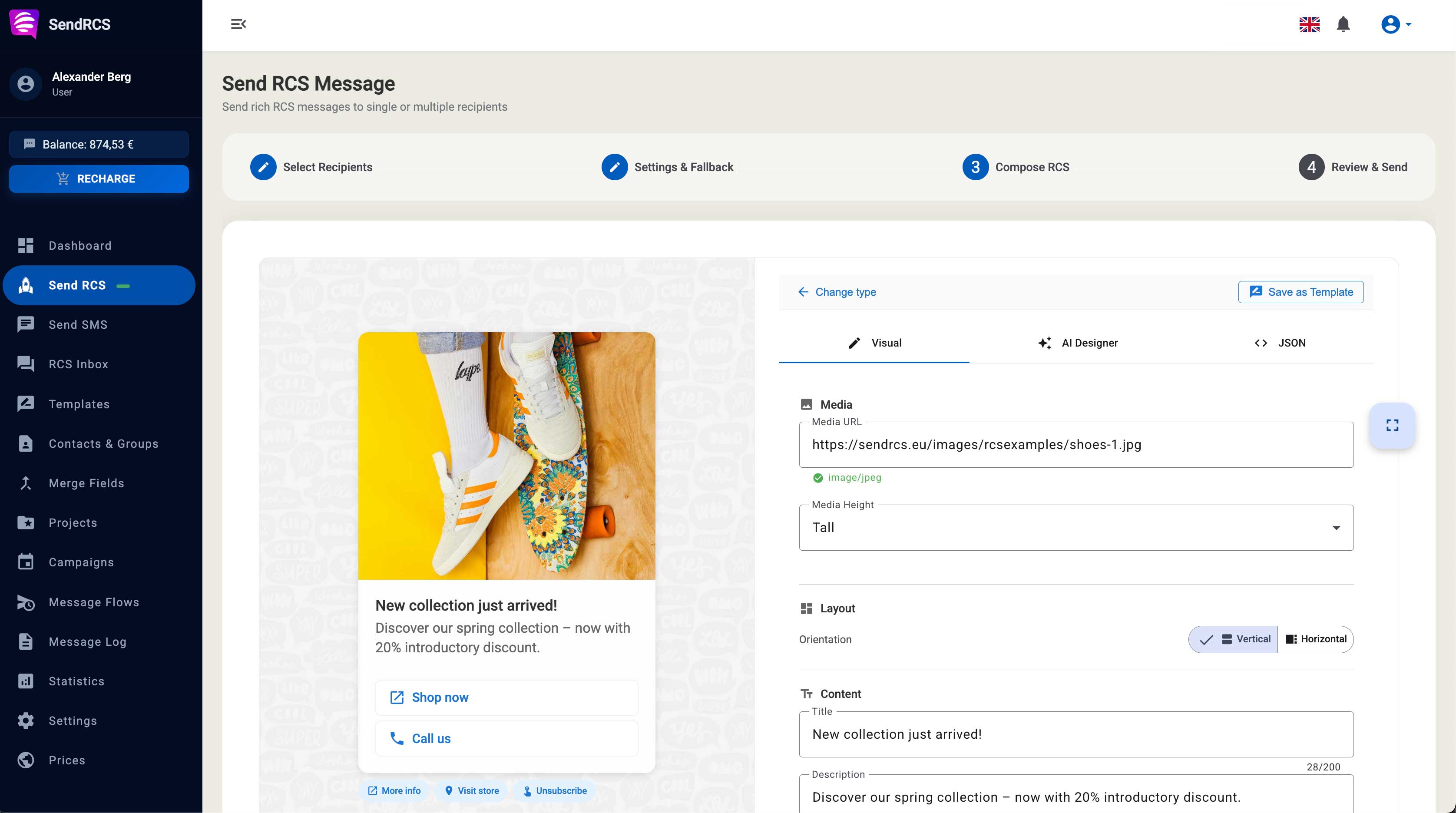 Send RCS messages online - compose rich card messages with images, buttons and carousels