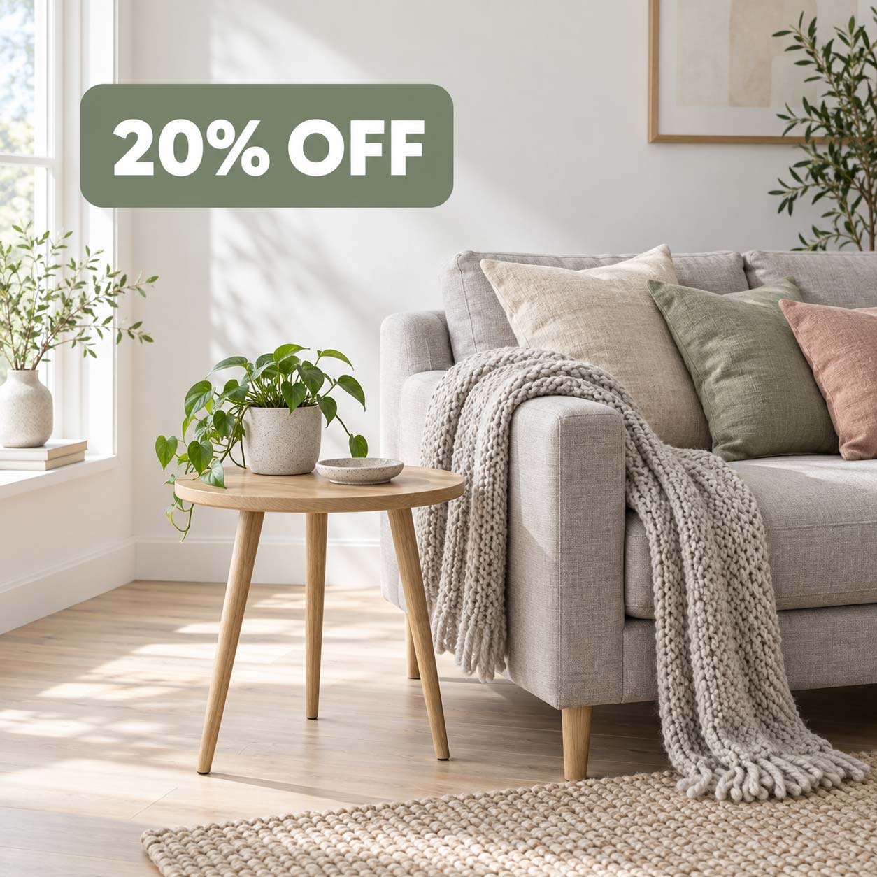 Weekend sale - 20% off best sellers Living room with an oak side table, linen cushions and a wool throw, with a 20% off badge