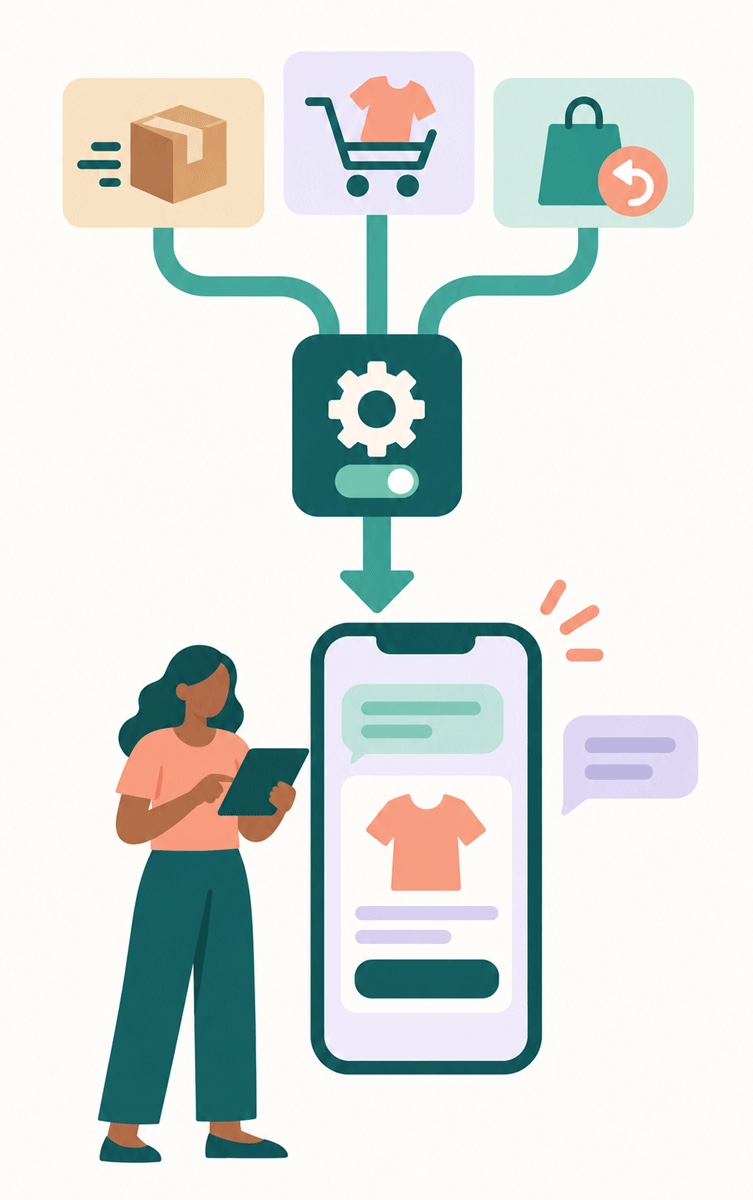 Shipping, cart and return triggers in Shopify Flow passing through a SendRCS step to an RCS message on a phone