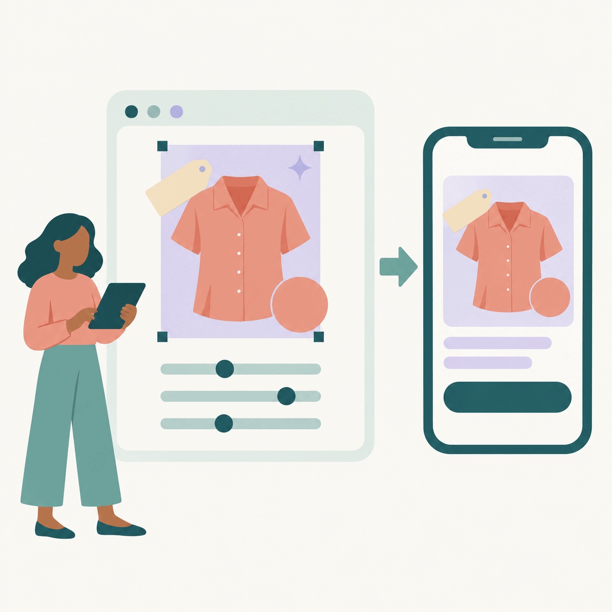 A product photo being cropped and given a price tag in the image editor, then shown as a rich card on a phone