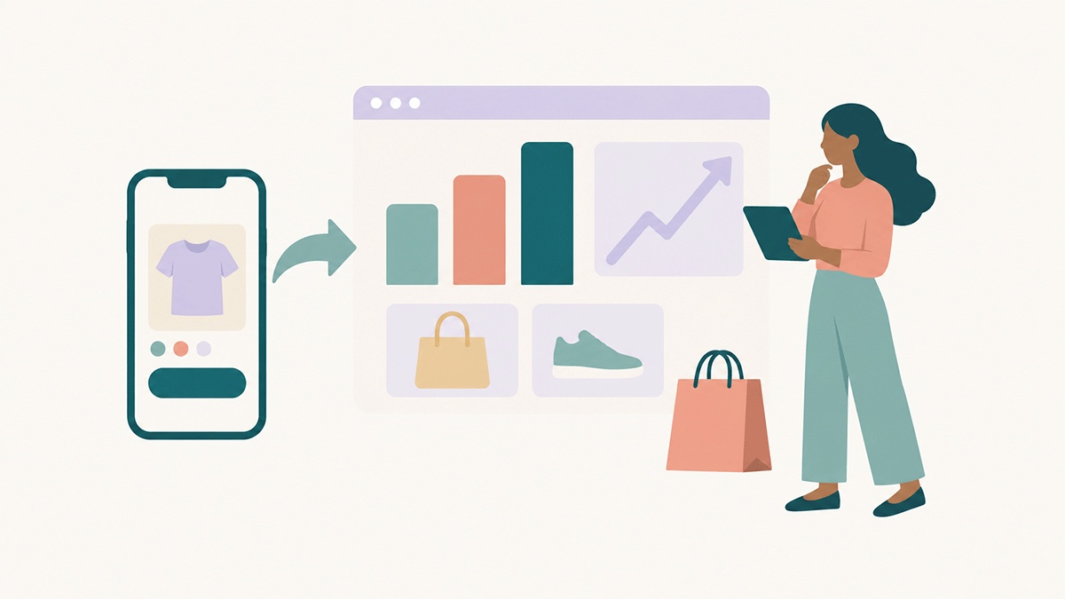 An RCS message leading to a statistics dashboard with revenue and products sold