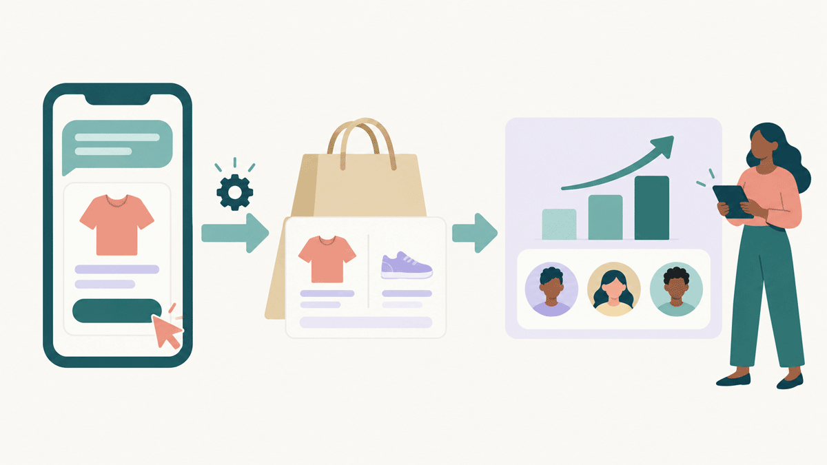 A tap on an RCS product card leads to a Shopify order, and the order shows up as revenue and buyers in the statistics